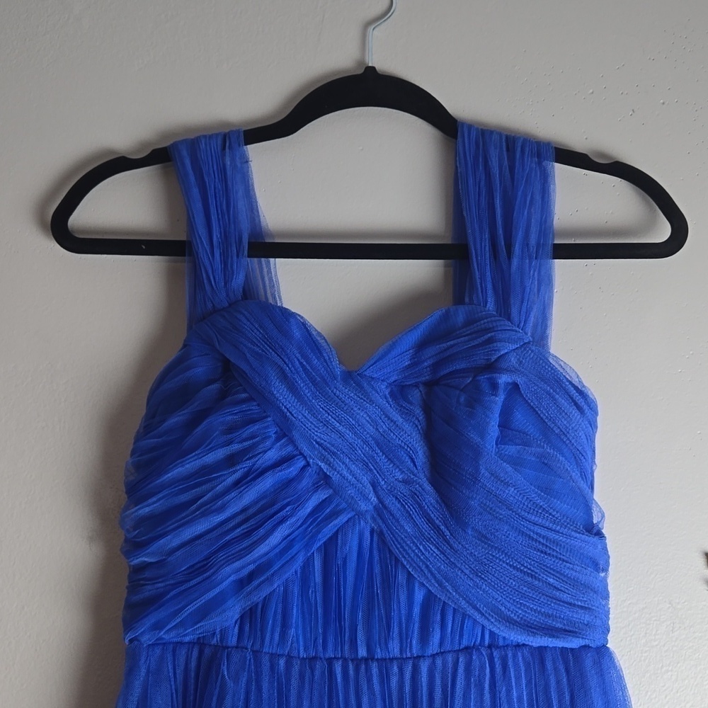 ASOS DESIGN-off shoulder tulle midi dress with tie back/ pleated skirt-Size 0 - Picture 4 of 16